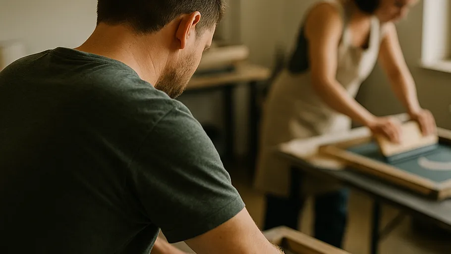 Personen beim Siebdruck in einer Werkstatt.