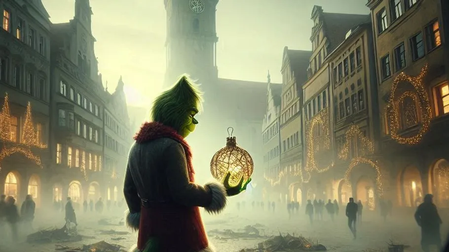 Grüne Figur hält Ornament in festlicher Straße.