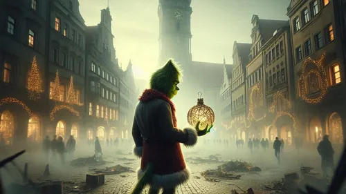 Green creature holds ornament in festive street.