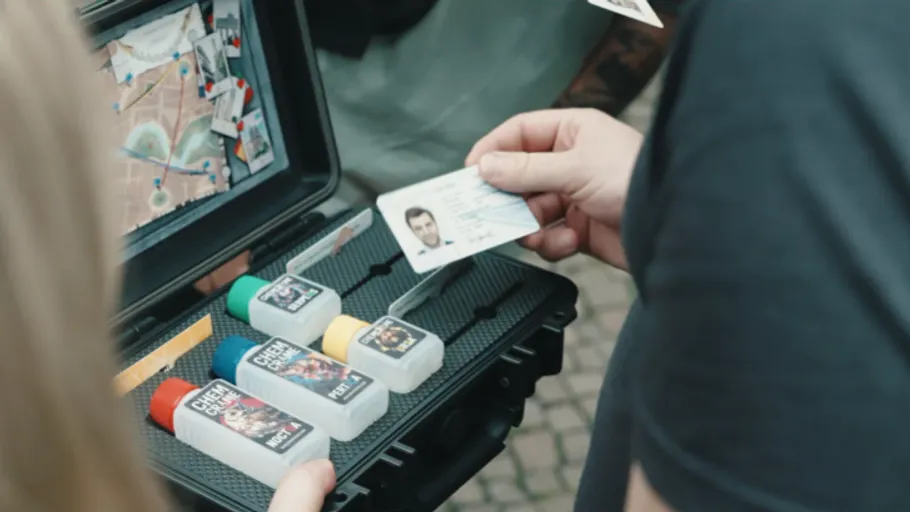 Person inspecting ID with suitcase of bottles.