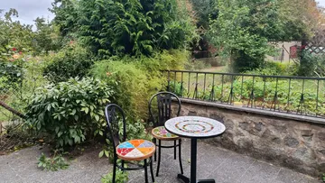Two chairs and table in garden patio.
