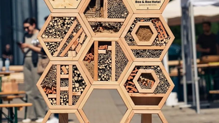 Bee hotel with hexagonal sections outdoors.