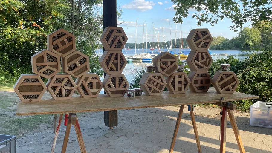 Sechseckige Bienenhotels auf Holztisch im Freien.