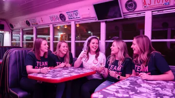 Fünf lachende Frauen in pink beleuchtetem Bus.