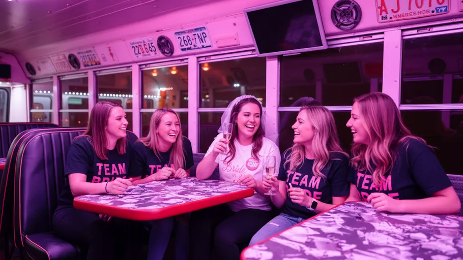 Five women laughing in pink-lit bus.