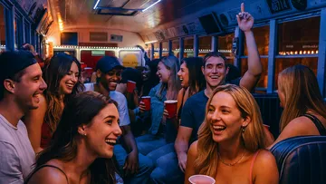 Group laughing inside colorful party bus.