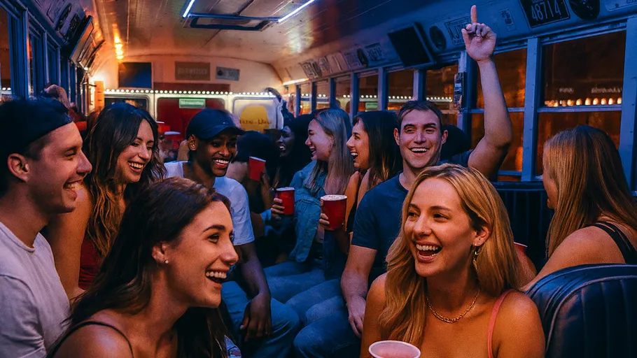 Group laughing inside colorful party bus.