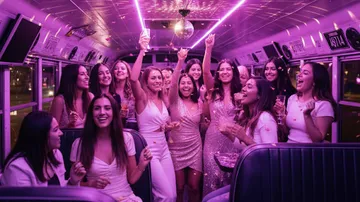 Women in party attire celebrate on a bus.