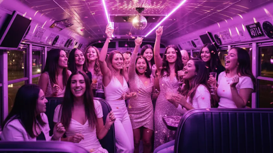 Frauen in Partykleidung feiern in einem Bus.