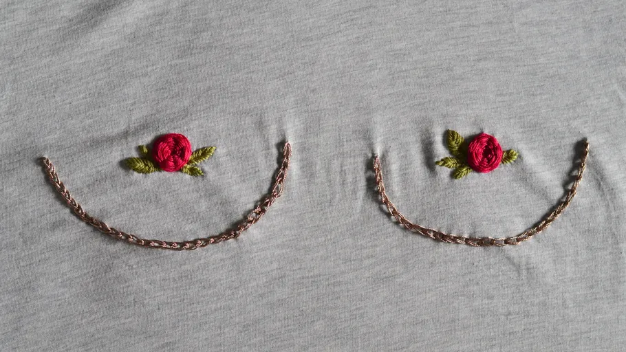 Embroidered roses on gray fabric with chains.