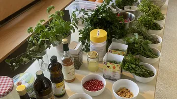 Kräuter und Gewürze auf einer Küchenzeile ausgelegt.