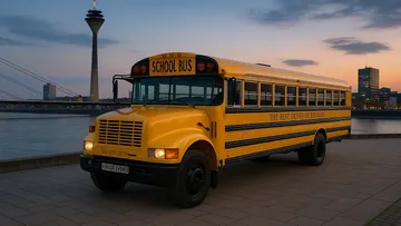 Yellow school bus parked by riverbank, dusk cityscape.
