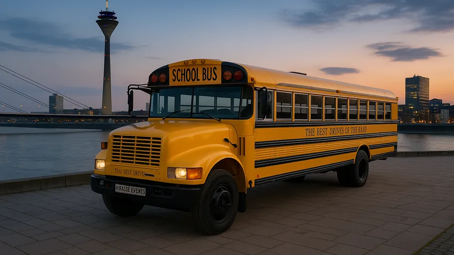 Yellow school bus parked by riverbank, dusk cityscape.