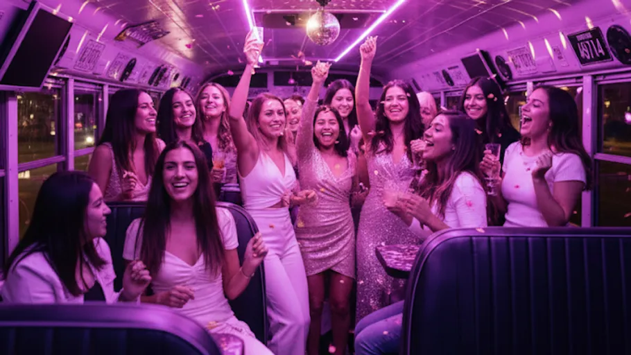 Gruppe von Frauen feiert in einem Partybus.