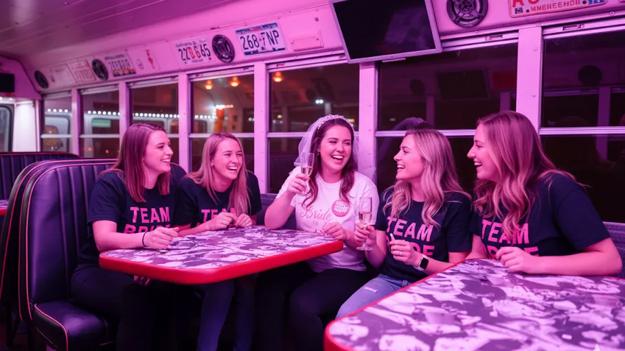 Frauen feiern in einem Bus mit Getränken.