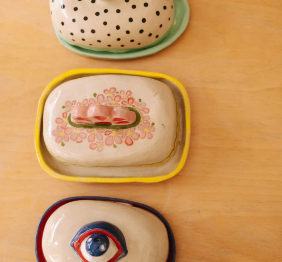 Three decorative ceramic dishes on wooden surface.