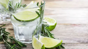 Cocktail glass with lime and rosemary on table.