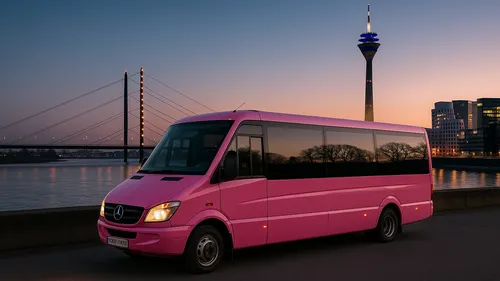 Pink bus parked near river at sunset.