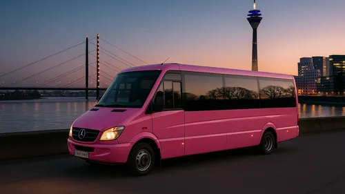 Pink van parked by a river at sunset.