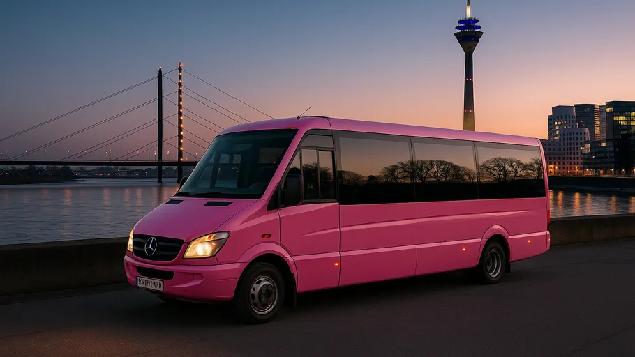 Pink van parked by a river at sunset.