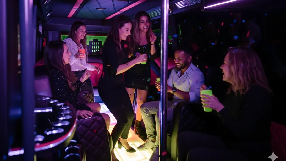 Group of friends partying in a party bus.