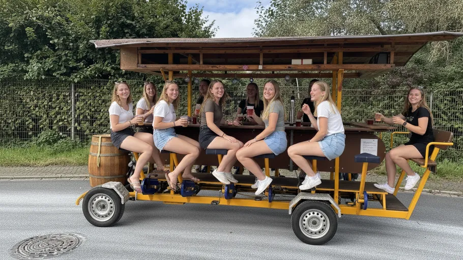 Eight women sitting on a pedal bar outdoors.