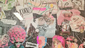 Collage with words and diverse images.