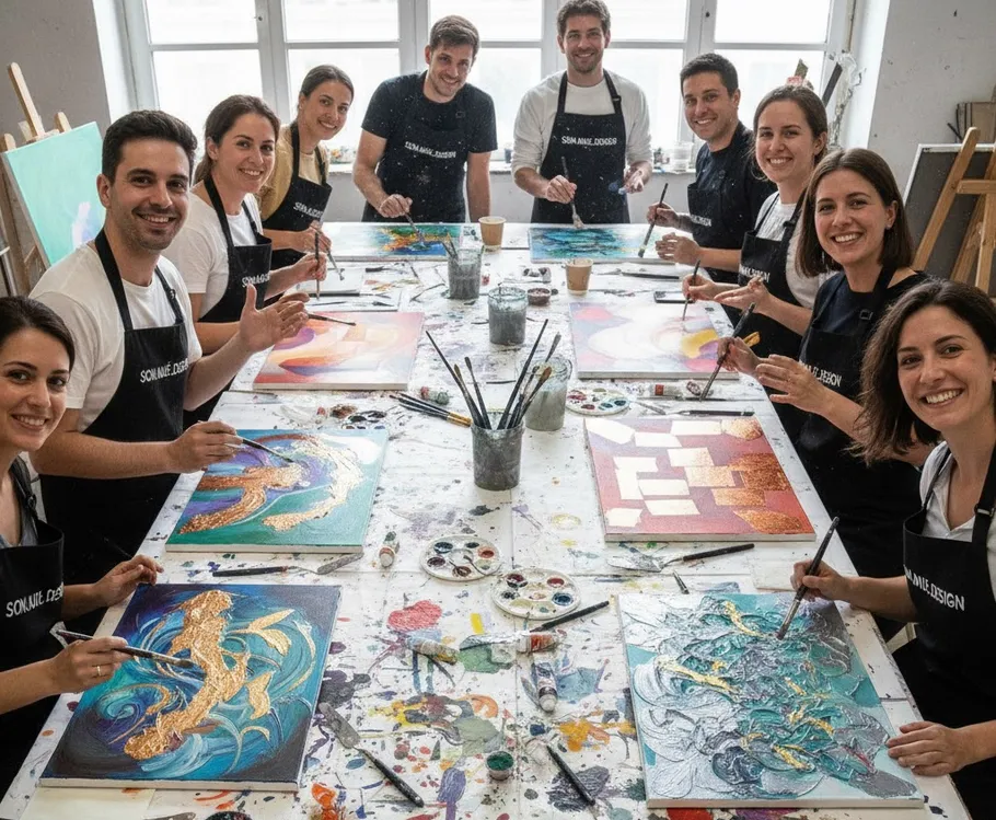 Group painting at a studio table.