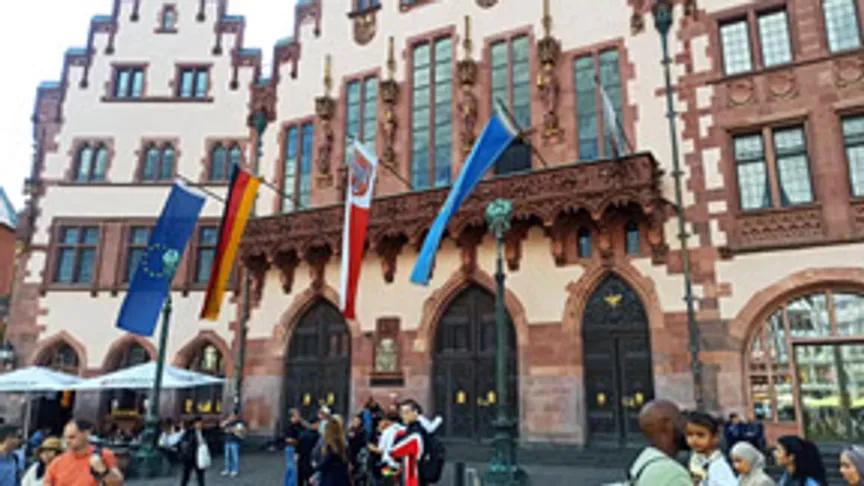 Colorful flags outside historic German building.