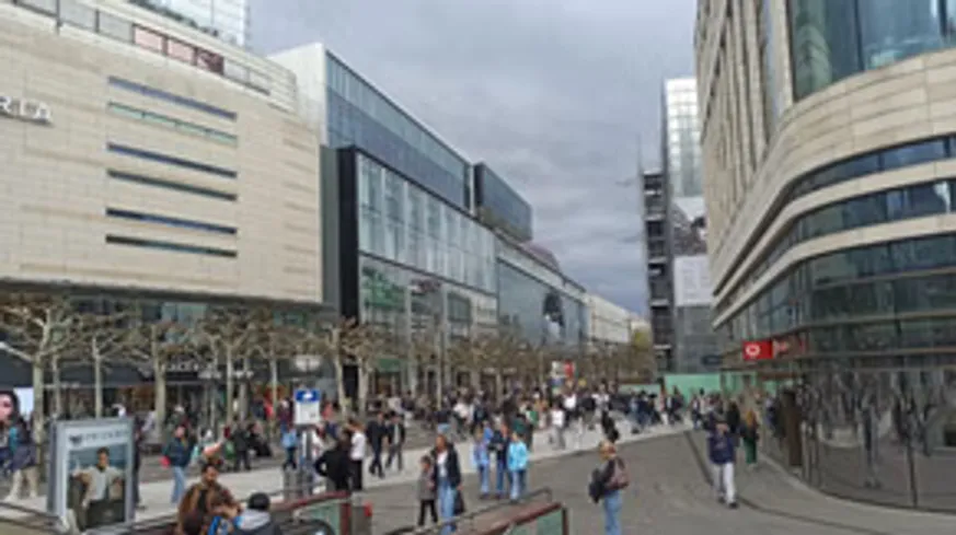 People walking in a busy urban shopping area.