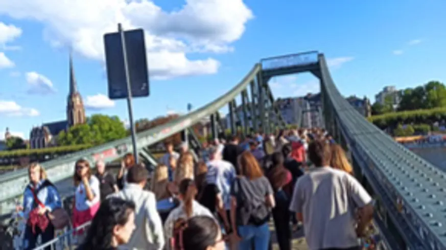 Crowd walking on bridge in city.