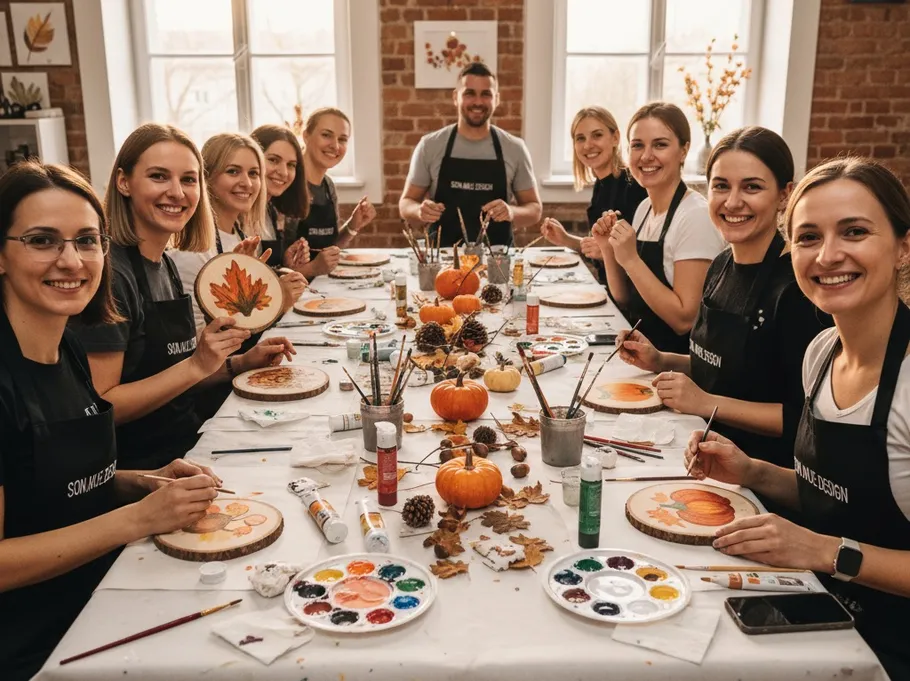 Gruppe malt Herbstszenen an einem Tisch.