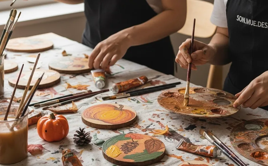 People painting pumpkins on wooden slices.