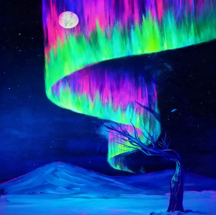 Bunte Aurora wirbelt über verschneiter Landschaft.