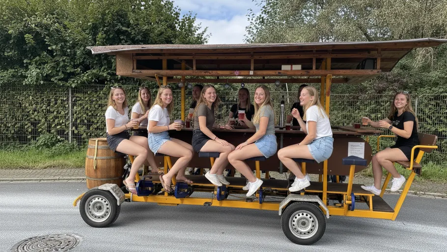 Group of women riding a pedal pub outdoors.