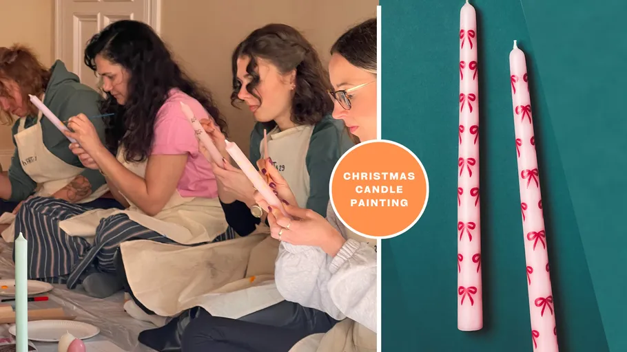 People painting candles indoors; finished candles shown.
