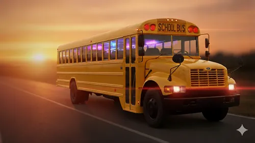 Yellow school bus driving at sunset.