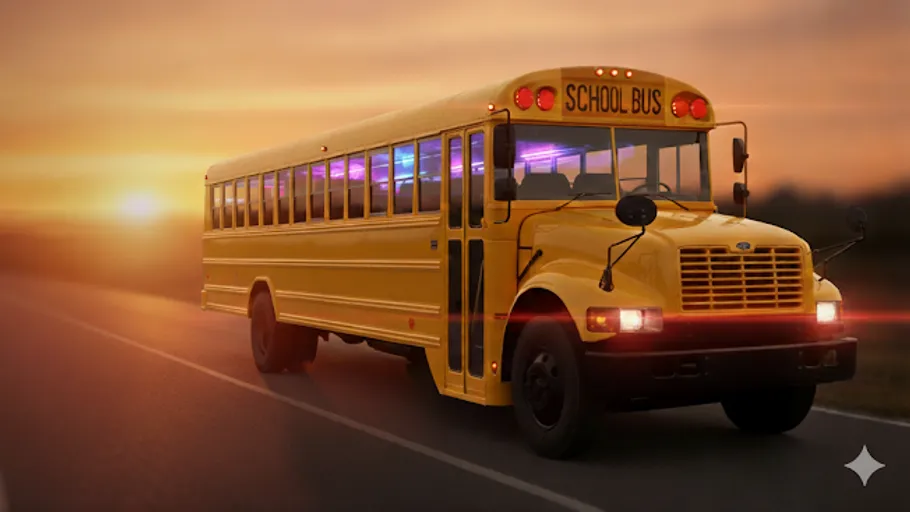 Gelber Schulbus fährt bei Sonnenuntergang.