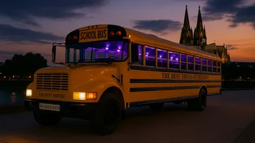 Yellow school bus parked near Cologne Cathedral.