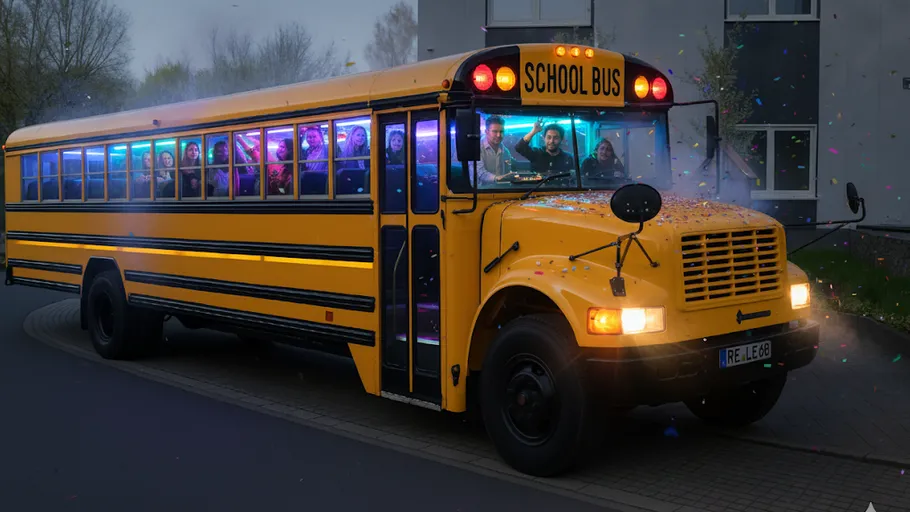 Yellow school bus with party lights, driving on road.
