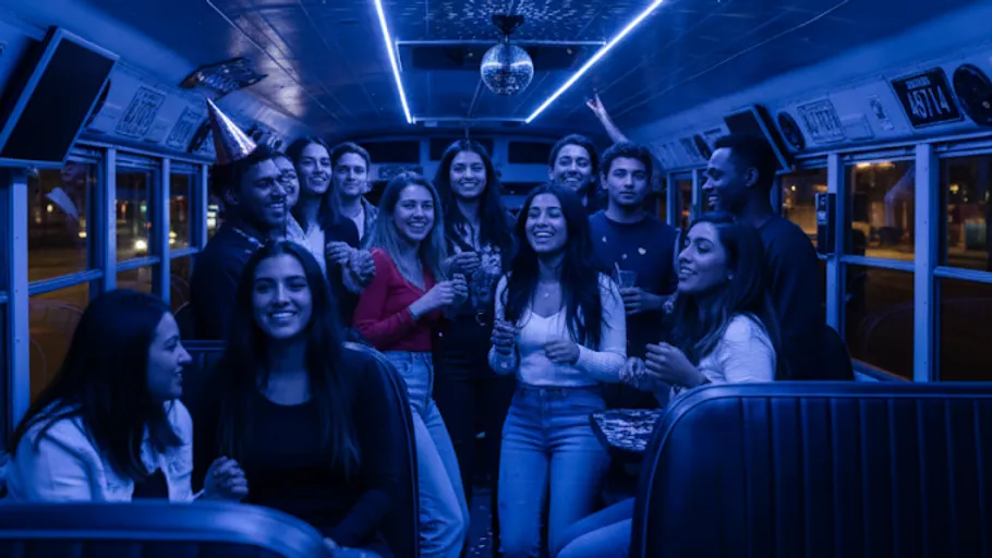 Group celebrating inside a blue-lit party bus.