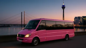 Pink bus parked by river at sunset.