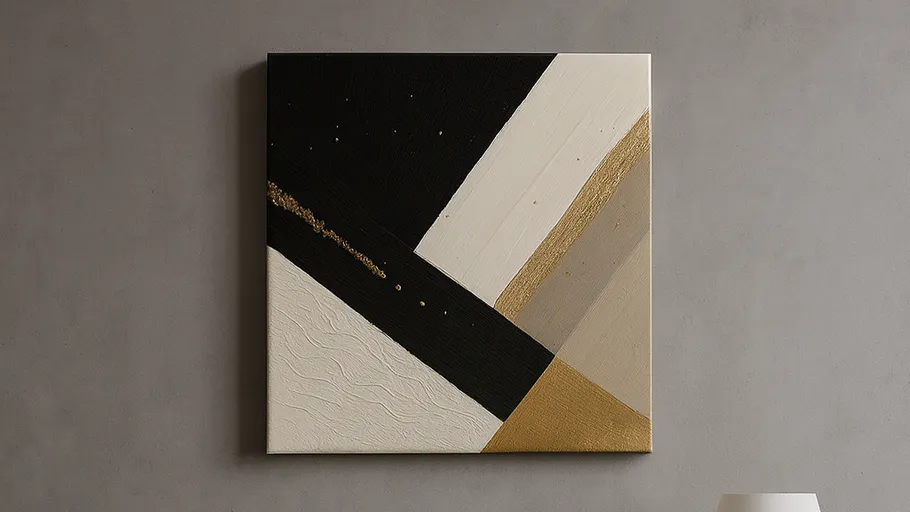 Abstraktes Gemälde mit geometrischen Formen an Wand.
