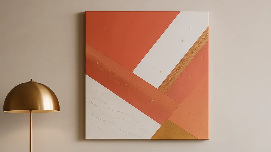 Geometrisches Kunstwerk an Wand neben Lampe.