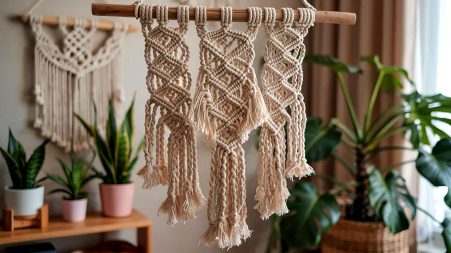 Makramee-Wandbehang mit Pflanzen herum.