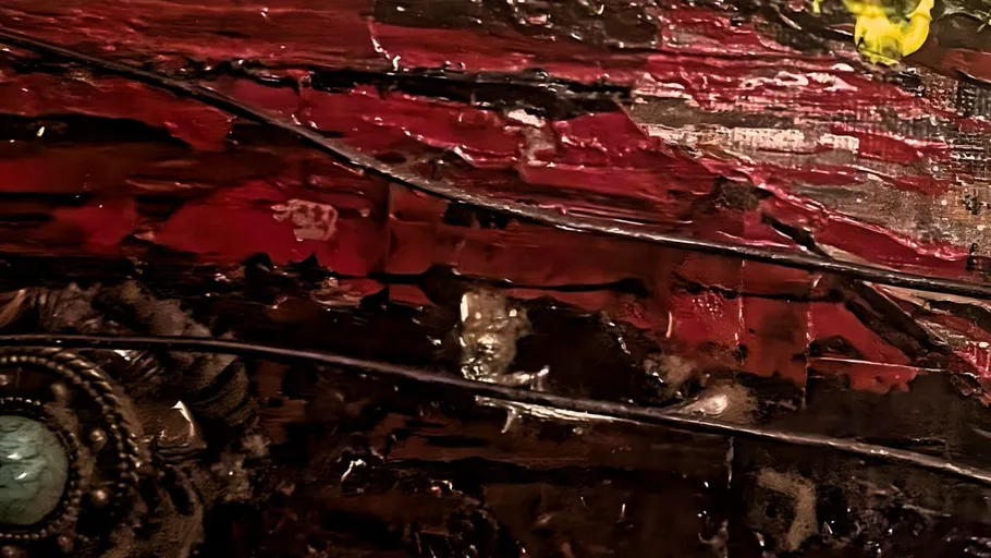 Abstract painting with red and black textures.