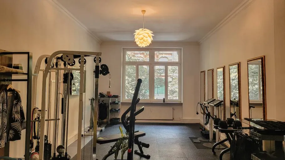 Heimfitnessstudio mit Geräten und Spiegeln, natürliches Licht.