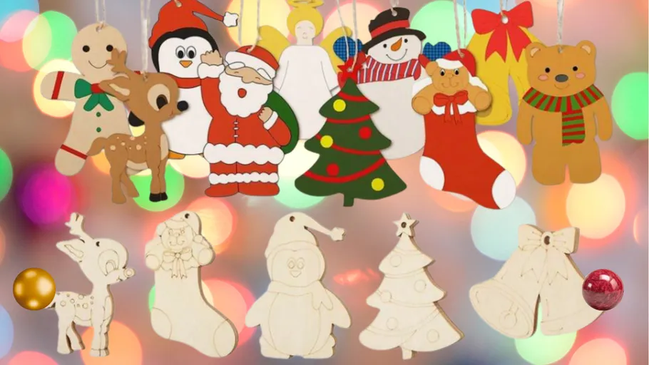 Colorful Christmas ornaments on blurry light background.