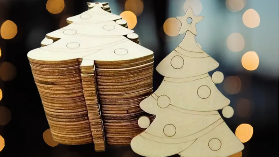 Wooden Christmas trees stacked, festive bokeh background.