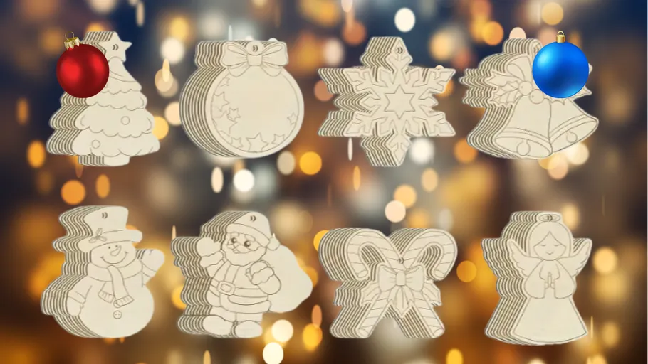 Wooden Christmas ornaments with blurred lights background.